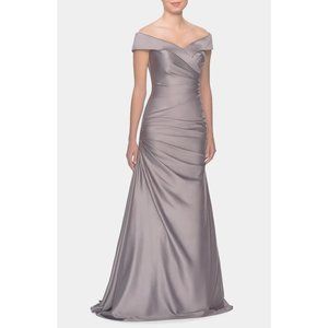 La Femme Silver Gray Off-the-Shoulder Satin Maxi Gown